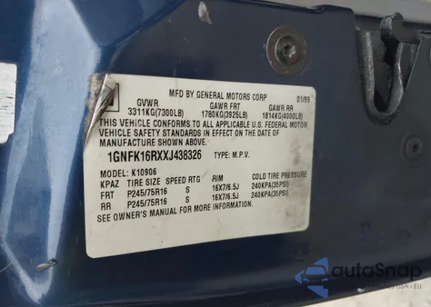 1999 Chevrolet Suburban K1500 from USA, damaged, VIN 1GNFK16RXXJ438326